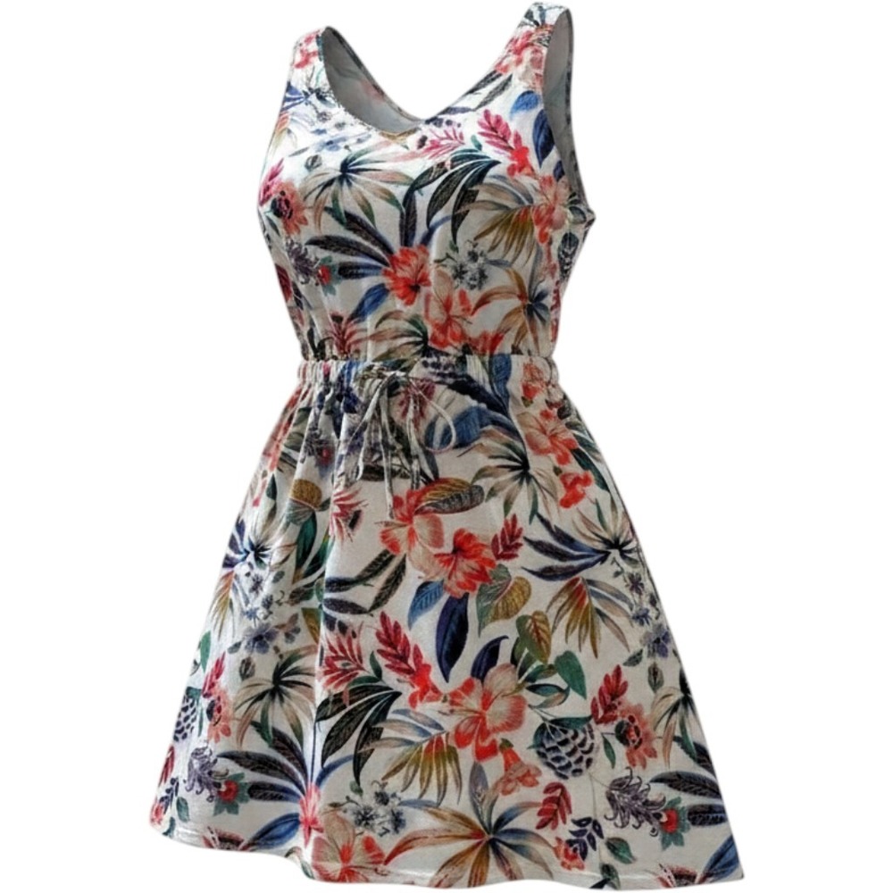 West Loop Dress Womens Large White Tropical Floral Drawstring Waist Summer Boho